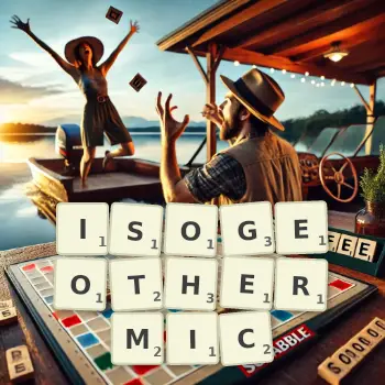 Creative illustration for a Scrabble game with the word ISOGEOTHERMIC spelled out in tiles on the board.