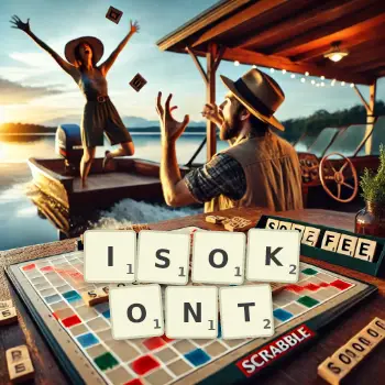 Creative illustration for a Scrabble game with the word ISOKONT spelled out in tiles on the board.