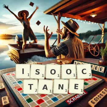 Creative illustration for a Scrabble game with the word ISOOCTANE spelled out in tiles on the board.