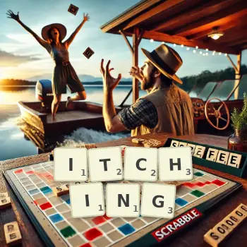 Creative illustration for a Scrabble game with the word ITCHING spelled out in tiles on the board.