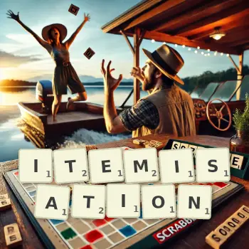Creative illustration for a Scrabble game with the word ITEMISATION spelled out in tiles on the board.