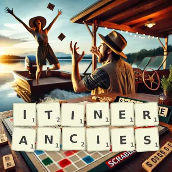 Creative illustration for a Scrabble game with the word ITINERANCIES spelled out in tiles on the board.