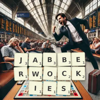 Creative illustration for a Scrabble game with the word JABBERWOCKIES spelled out in tiles on the board.