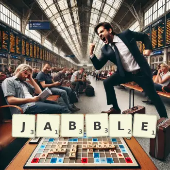 Creative illustration for a Scrabble game with the word JABBLE spelled out in tiles on the board.