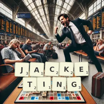 Creative illustration for a Scrabble game with the word JACKETING spelled out in tiles on the board.
