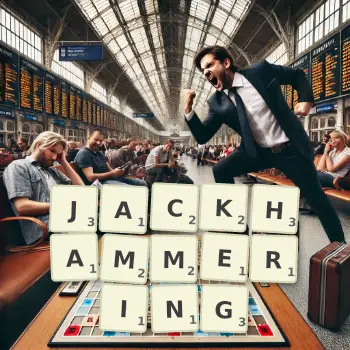 Creative illustration for a Scrabble game with the word JACKHAMMERING spelled out in tiles on the board.