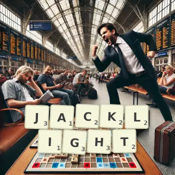 Creative illustration for a Scrabble game with the word JACKLIGHT spelled out in tiles on the board.