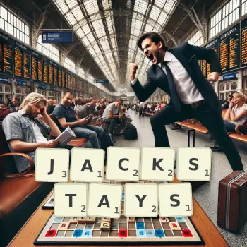 Creative illustration for a Scrabble game with the word JACKSTAYS spelled out in tiles on the board.
