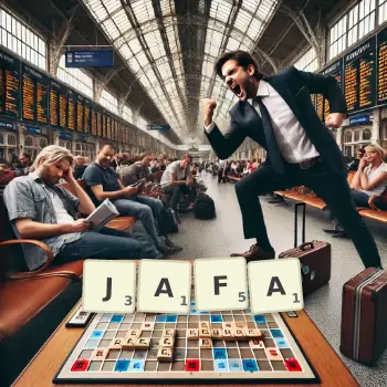 Creative illustration for a Scrabble game with the word JAFA spelled out in tiles on the board.