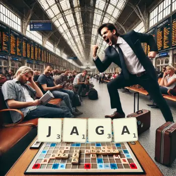 Creative illustration for a Scrabble game with the word JAGA spelled out in tiles on the board.