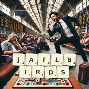Creative illustration for a Scrabble game with the word JAILBIRDS spelled out in tiles on the board.