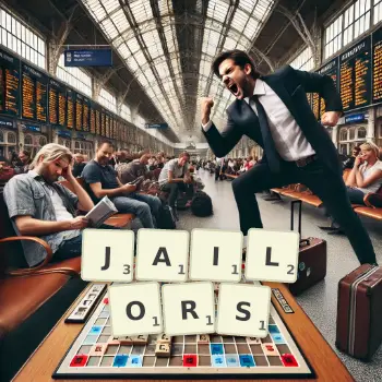 Creative illustration for a Scrabble game with the word JAILORS spelled out in tiles on the board.