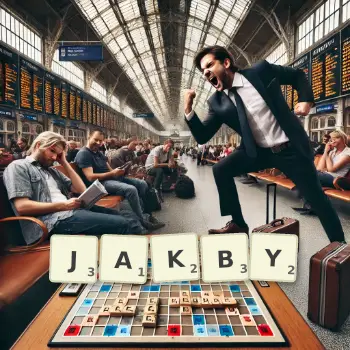 Creative illustration for a Scrabble game with the word JAKBY spelled out in tiles on the board.