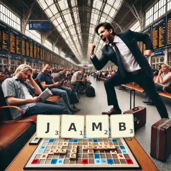 Creative illustration for a Scrabble game with the word JAMB spelled out in tiles on the board.