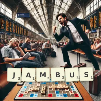 Creative illustration for a Scrabble game with the word JAMBUS spelled out in tiles on the board.