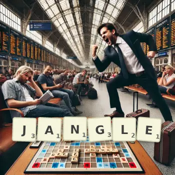 Creative illustration for a Scrabble game with the word JANGLE spelled out in tiles on the board.