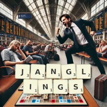 Creative illustration for a Scrabble game with the word JANGLINGS spelled out in tiles on the board.