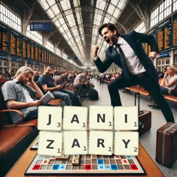 Creative illustration for a Scrabble game with the word JANIZARY spelled out in tiles on the board.