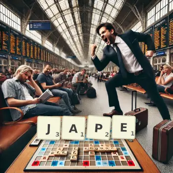 Creative illustration for a Scrabble game with the word JAPE spelled out in tiles on the board.