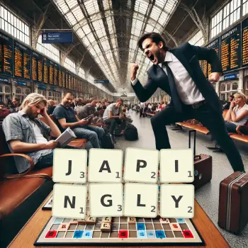 Creative illustration for a Scrabble game with the word JAPINGLY spelled out in tiles on the board.