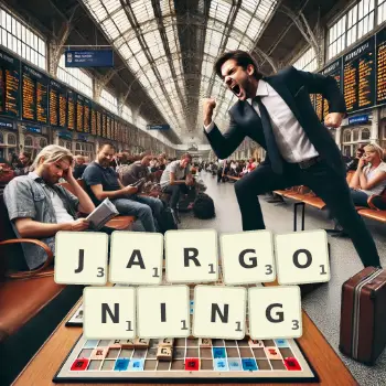 Creative illustration for a Scrabble game with the word JARGONING spelled out in tiles on the board.