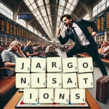 Creative illustration for a Scrabble game with the word JARGONISATIONS spelled out in tiles on the board.