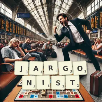 Creative illustration for a Scrabble game with the word JARGONIST spelled out in tiles on the board.