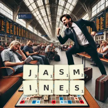 Creative illustration for a Scrabble game with the word JASMINES spelled out in tiles on the board.