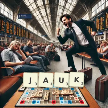 Creative illustration for a Scrabble game with the word JAUK spelled out in tiles on the board.