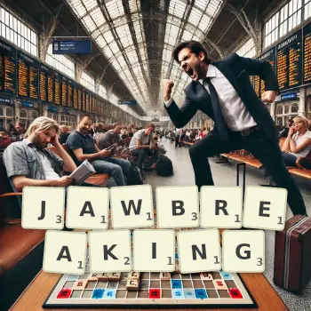 Creative illustration for a Scrabble game with the word JAWBREAKING spelled out in tiles on the board.