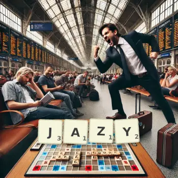 Creative illustration for a Scrabble game with the word JAZY spelled out in tiles on the board.