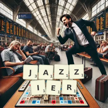Creative illustration for a Scrabble game with the word JAZZIER spelled out in tiles on the board.