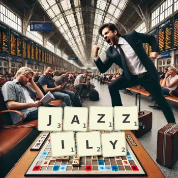 Creative illustration for a Scrabble game with the word JAZZILY spelled out in tiles on the board.