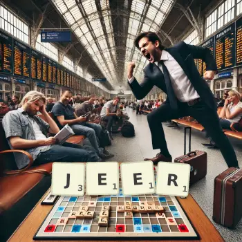 Creative illustration for a Scrabble game with the word JEER spelled out in tiles on the board.