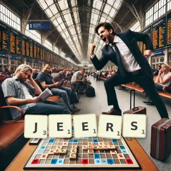 Creative illustration for a Scrabble game with the word JEERS spelled out in tiles on the board.