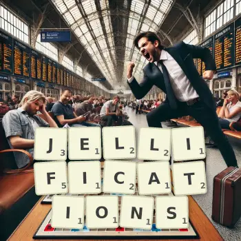 Creative illustration for a Scrabble game with the word JELLIFICATIONS spelled out in tiles on the board.