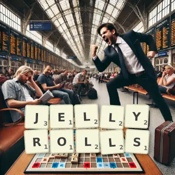 Creative illustration for a Scrabble game with the word JELLYROLLS spelled out in tiles on the board.