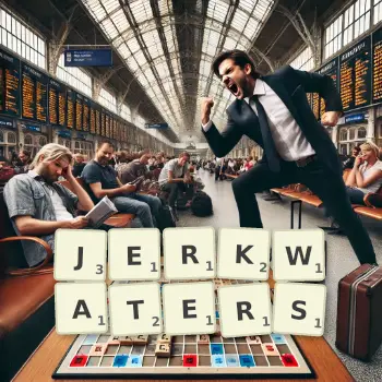 Creative illustration for a Scrabble game with the word JERKWATERS spelled out in tiles on the board.
