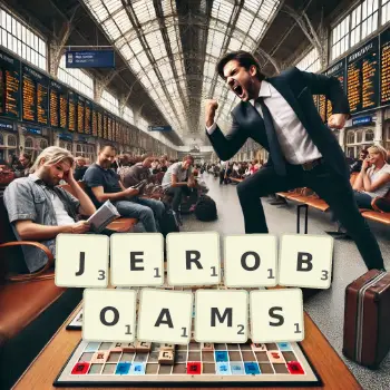 Creative illustration for a Scrabble game with the word JEROBOAMS spelled out in tiles on the board.
