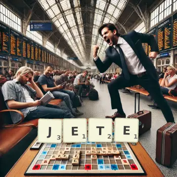 Creative illustration for a Scrabble game with the word JETE spelled out in tiles on the board.