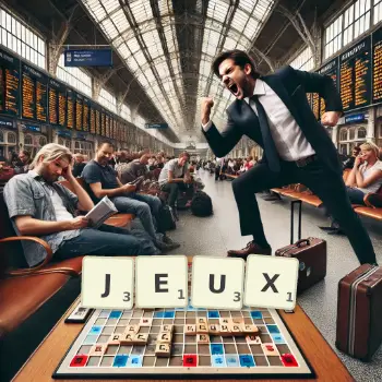 Creative illustration for a Scrabble game with the word JEUX spelled out in tiles on the board.