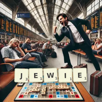 Creative illustration for a Scrabble game with the word JEWIE spelled out in tiles on the board.