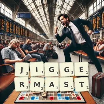 Creative illustration for a Scrabble game with the word JIGGERMAST spelled out in tiles on the board.
