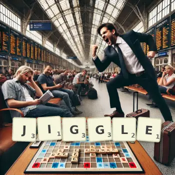 Creative illustration for a Scrabble game with the word JIGGLE spelled out in tiles on the board.