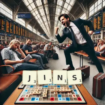 Creative illustration for a Scrabble game with the word JINS spelled out in tiles on the board.
