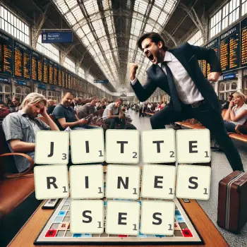 Creative illustration for a Scrabble game with the word JITTERINESSES spelled out in tiles on the board.