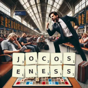 Creative illustration for a Scrabble game with the word JOCOSENESS spelled out in tiles on the board.
