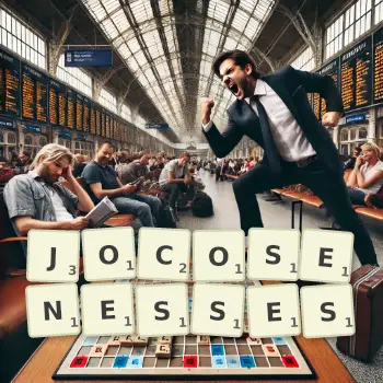Creative illustration for a Scrabble game with the word JOCOSENESSES spelled out in tiles on the board.