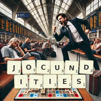 Creative illustration for a Scrabble game with the word JOCUNDITIES spelled out in tiles on the board.