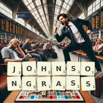 Creative illustration for a Scrabble game with the word JOHNSONGRASS spelled out in tiles on the board.